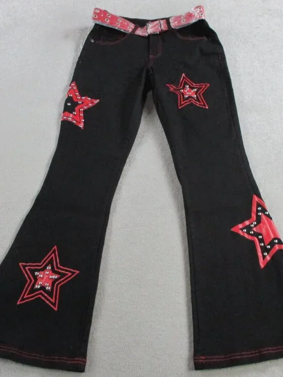 Social Collision Jeans Size 5 Red Star Studded Black Flare Belted Goth Y2K NWT - Picture 2 of 12